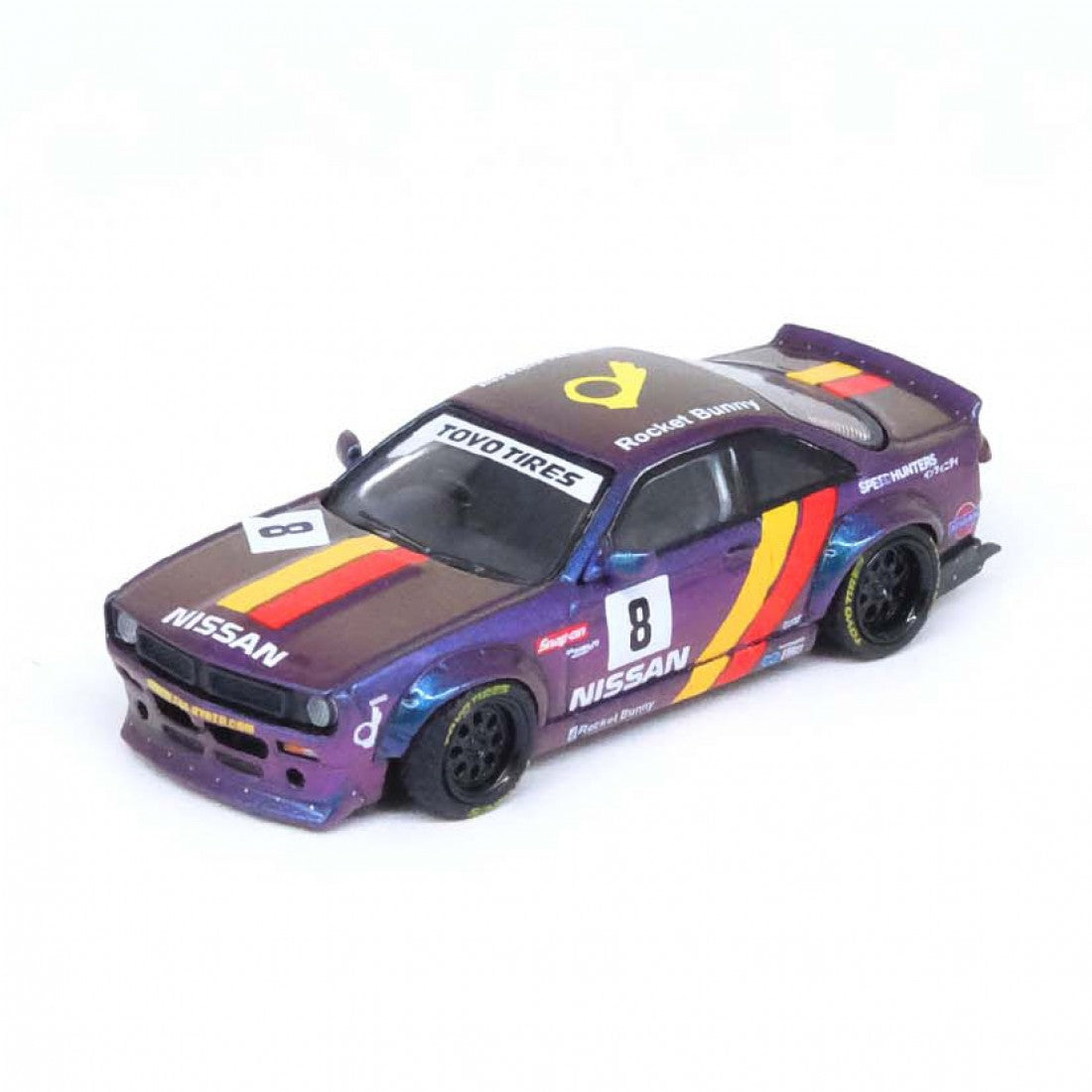 Inno64 - Nissan Silvia (S14) RHD (Volante a la derecha) Azul y morado metalizado con franja amarilla "Tomonori Idekawa's Rocket Bunny Boss"