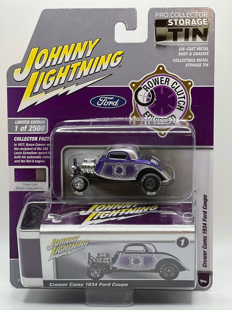 Johnny Lightning Storage Tin Series - Crower Cams 1934 Ford Coupe (Versión B-Púrpura Metálico)