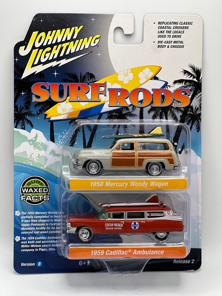 Johnny Lightning Surf Rods Twin Pack - 1950 Mercury Woody Wagon/1959 Cadillac Ambulance