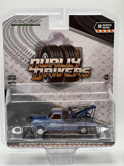 Greenlight Dually Drivers- 1969 Chevrolet C-30 Dually Wrecker (Blue and Black with Flames)