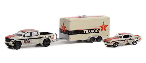 Greenlight Racing Hitch & Tow 2021 Chevy Silverado & 1969 Chevy Camaro RS with Enclosed car hauler TEXACO