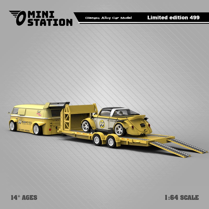 Mini Station RWB Mooneyes T1 Van, Beetle, and Targa Trailer Set (Yellow)