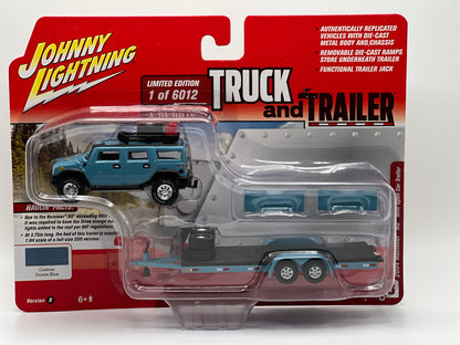 Johnny Lightning Truck & Trailer - 2004 Hummer H2 w/Open car trailer (Custom Ocean Blue)