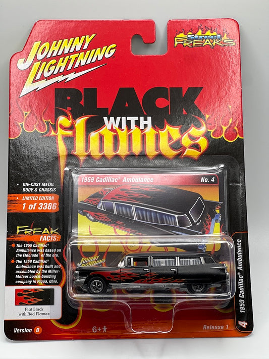 Johnny Lightning Street Freaks - Negro con llamas - Ambulancia Cadillac 1959 (negro plano/con llamas rojas) - Versión 2021 1B