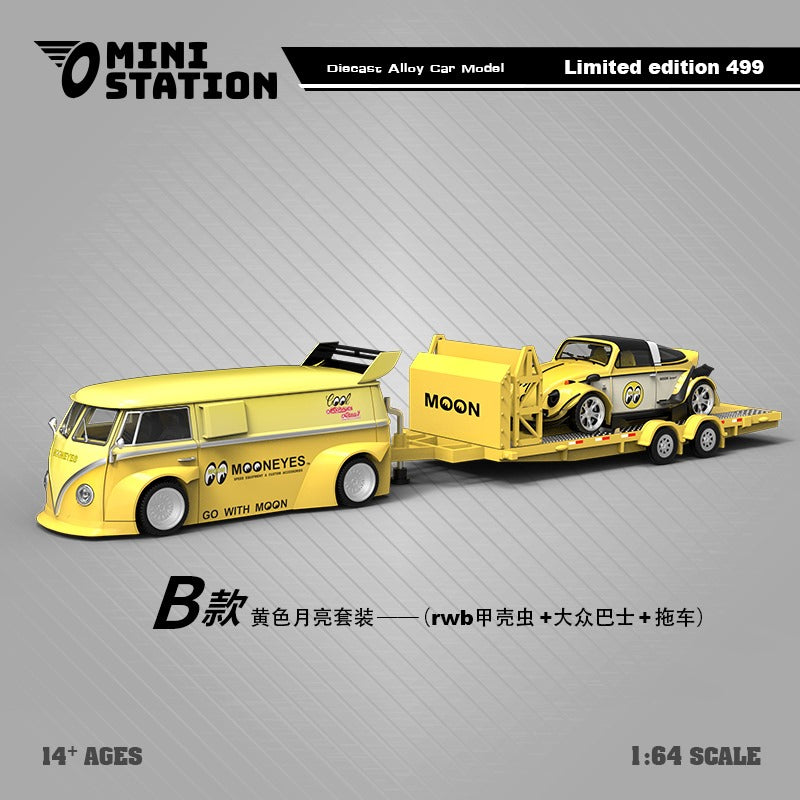 Mini Station RWB Mooneyes T1 Van, Beetle, and Targa Trailer Set (Yellow)