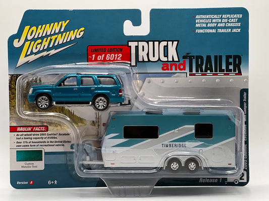 Johnny Lightning Truck & Trailer - 2005 Cadillac Escalade w/campr trailer (Custom Metallic Teal)