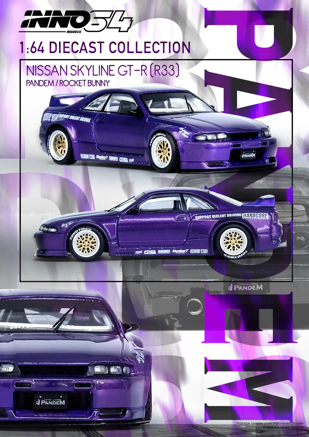 Inno64 - Nissan Silvia (S14) RHD (volant à droite) bleu et violet métallisé avec bande jaune "Tomonori Idekawa's Rocket Bunny Boss"