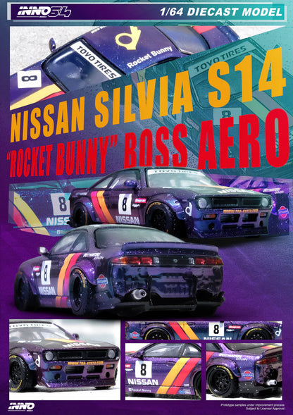 Inno64 - Nissan Silvia (S14) RHD (Volante a la derecha) Azul y morado metalizado con franja amarilla "Tomonori Idekawa's Rocket Bunny Boss"