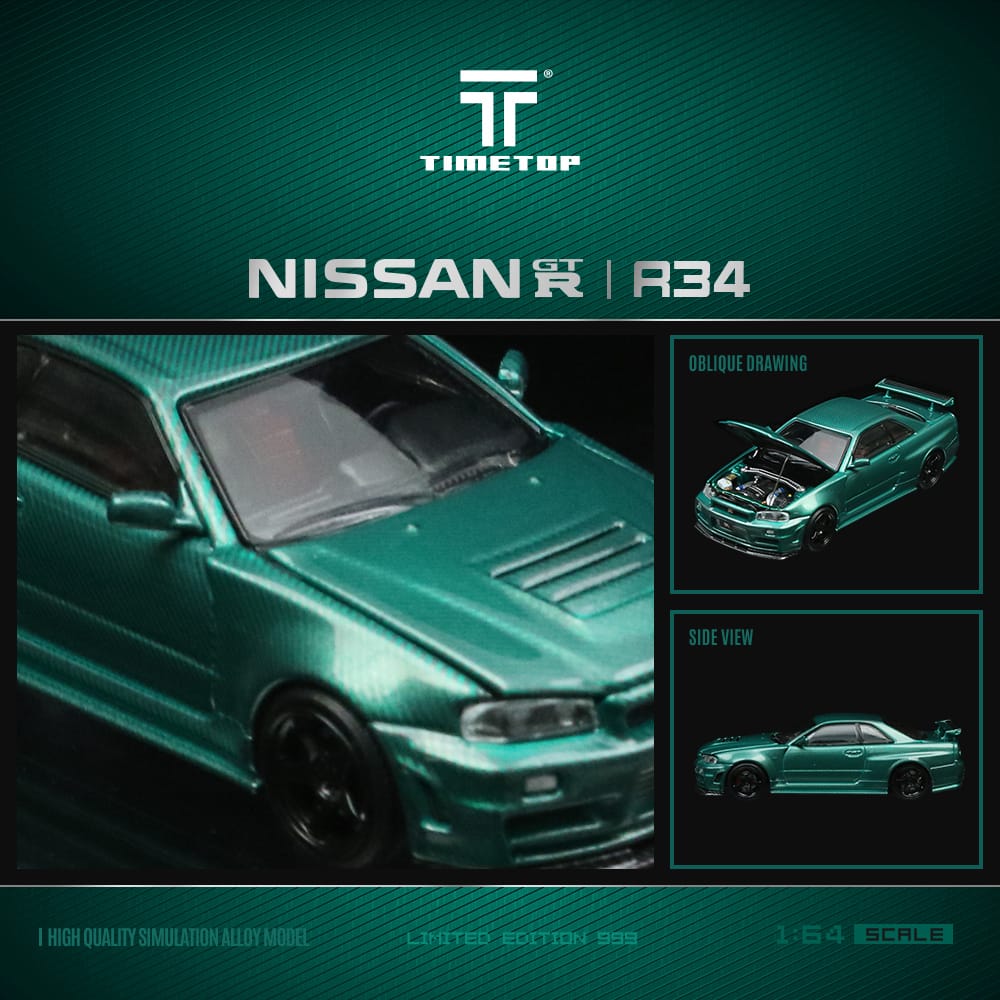 TimeTop Diecast - Nissan GTR34  (Metallic Green with Gift Box Edition)