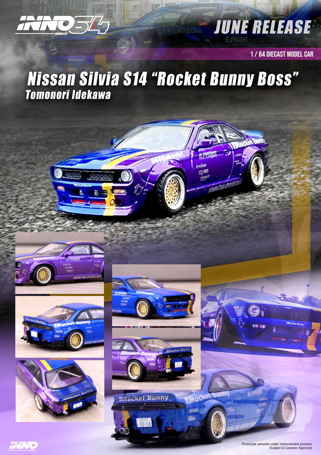 Inno64 - Nissan Silvia (S14) RHD (Volante a la derecha) Azul y morado metalizado con franja amarilla "Tomonori Idekawa's Rocket Bunny Boss"