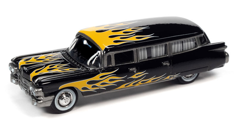 Johnny Lightning Street Freaks - Negro con llamas - Ambulancia Cadillac 1959 (negro plano/con llamas rojas) - Versión 2021 1B